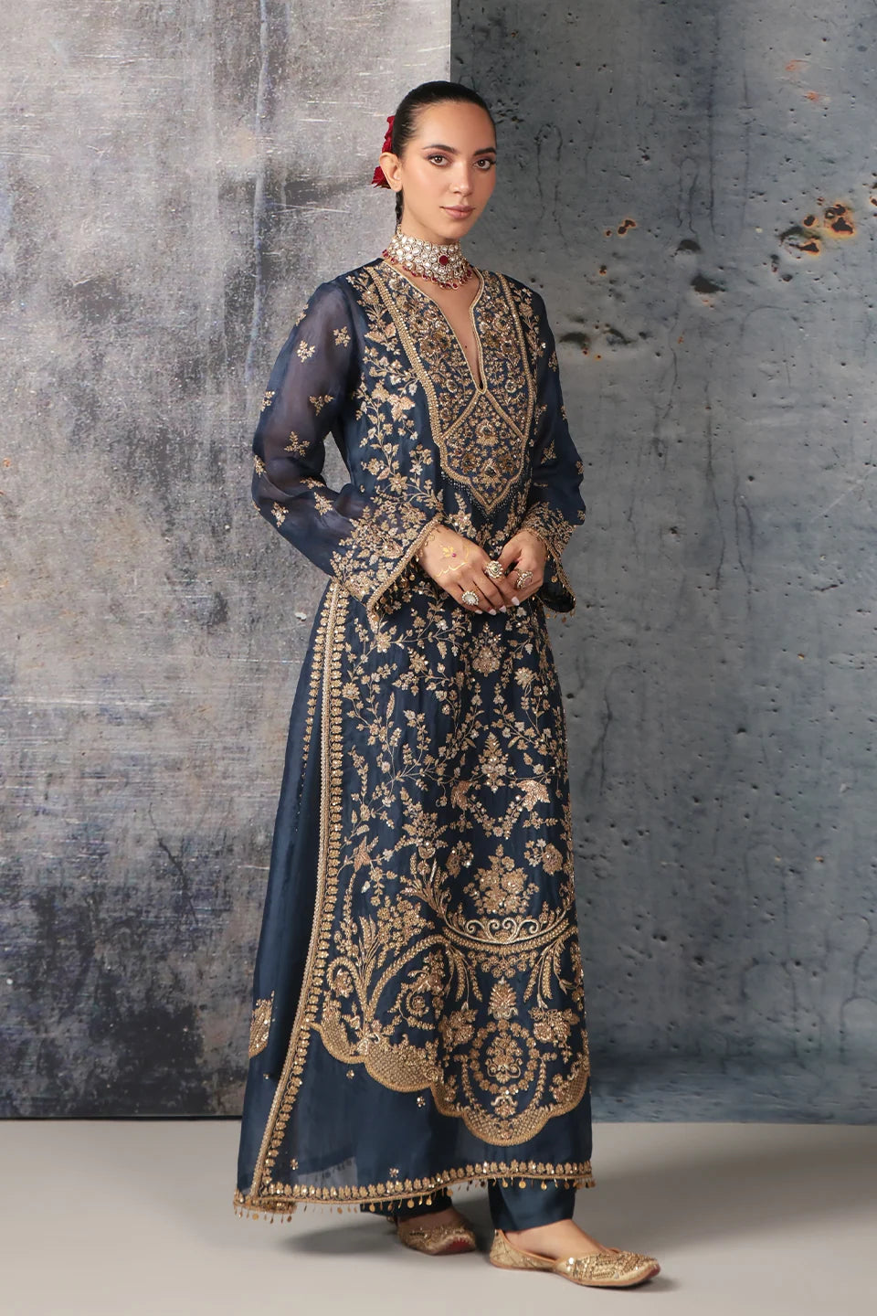 Zar-Rang Blue Long Jaal Kurta Set