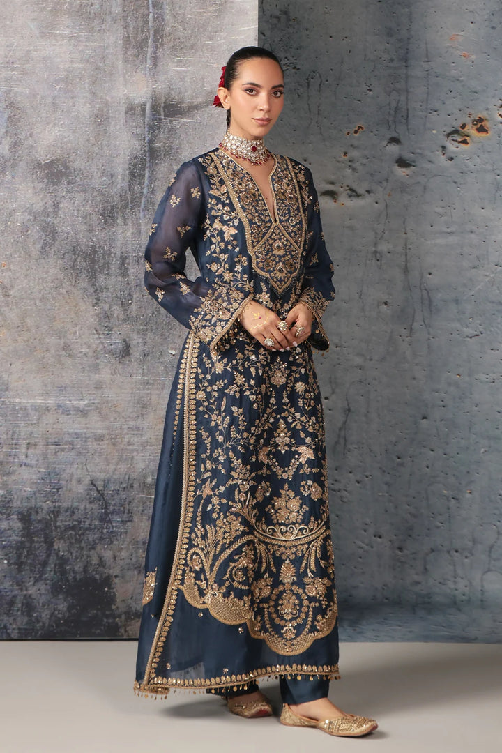 Zar-Rang Blue Long Jaal Kurta Set