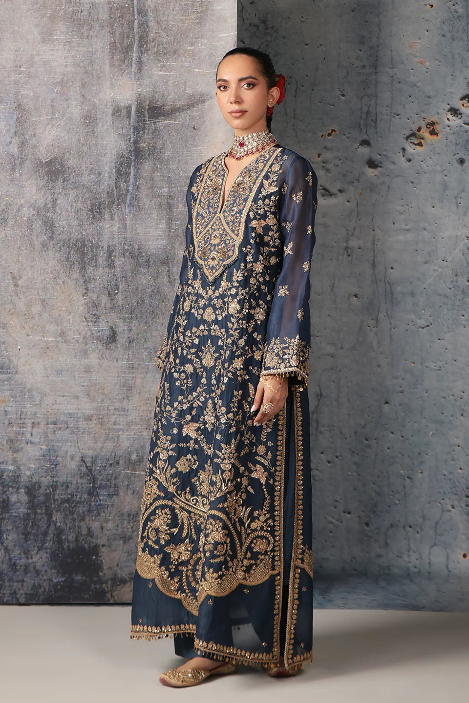 Zar-Rang Blue Long Jaal Kurta Set