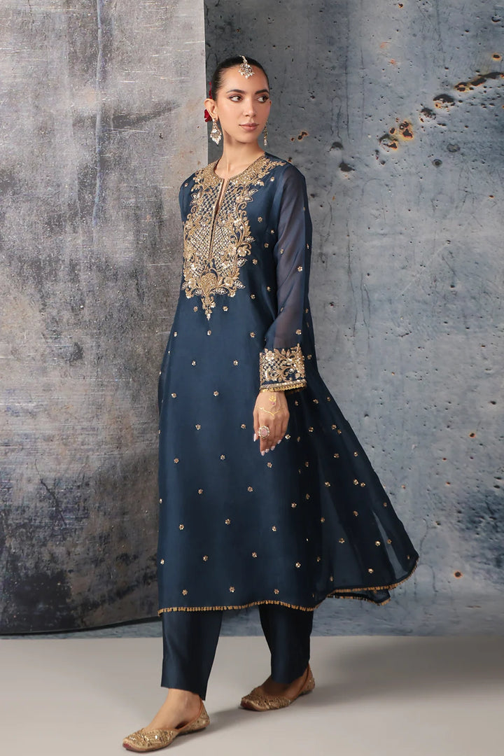 Zar-Rang Blue Long Pheran Kurta Set