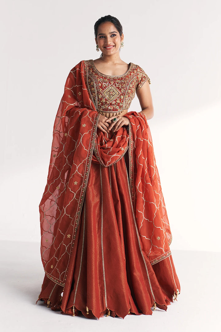 Woman wearing a traditional red Lehenga Set with gold embroidery on a white background