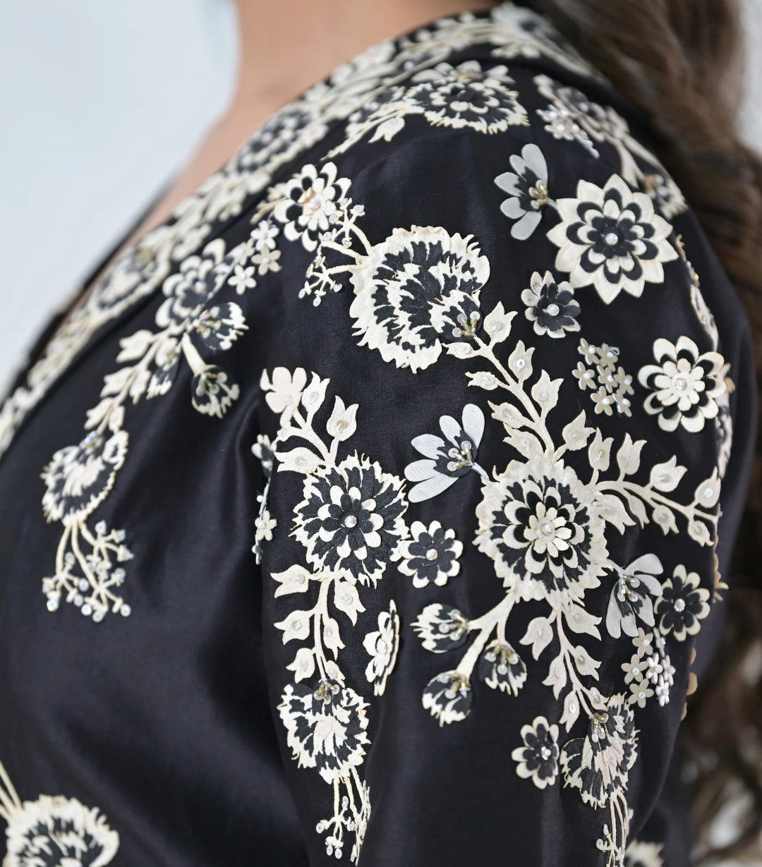 Monochrome Phool-Patti Jacket And Pleated Skirt Set