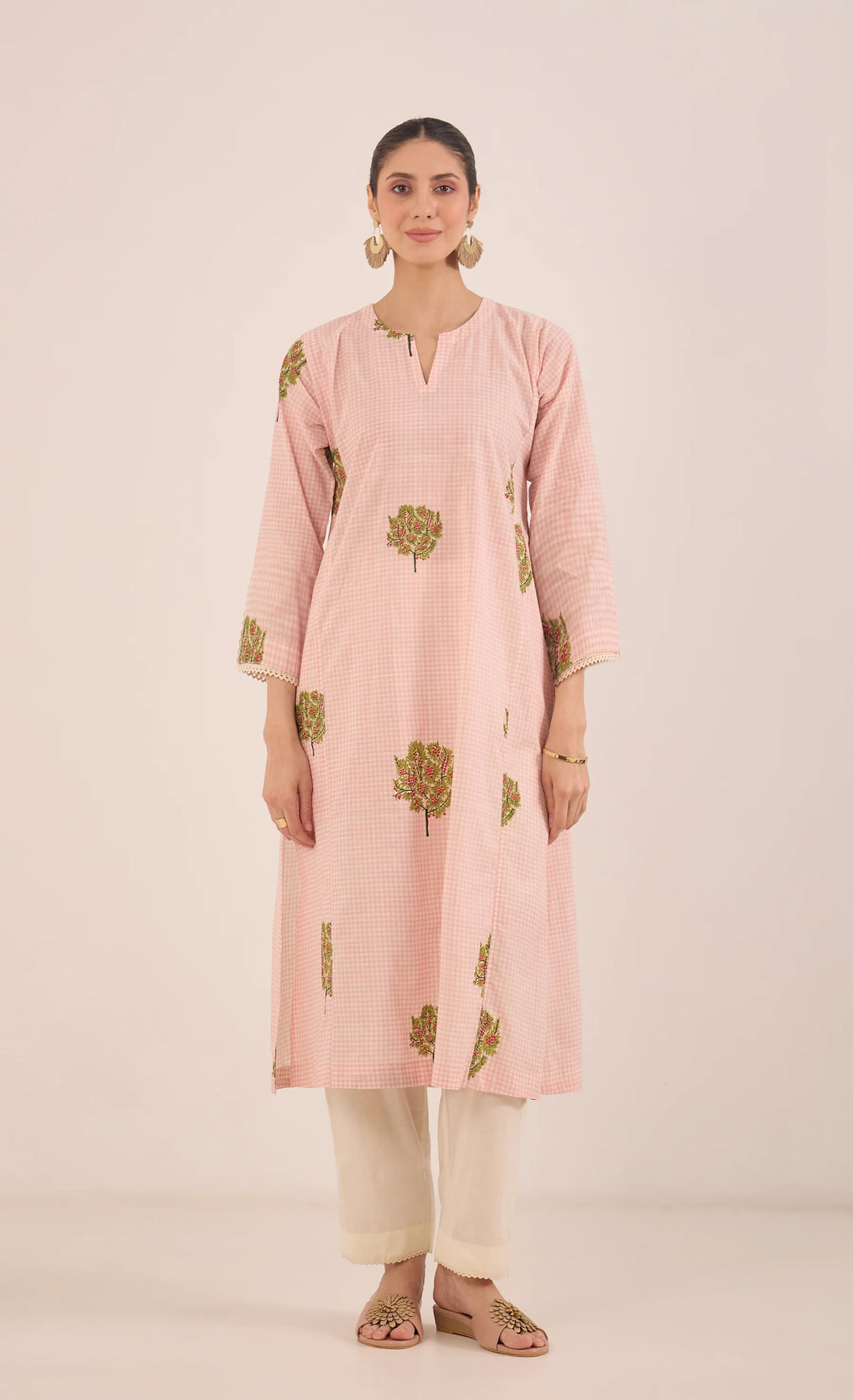 Cotton Check Apple Tree Kurta Set - Pink