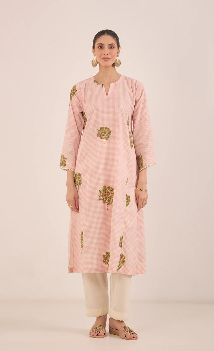 Cotton Check Apple Tree Kurta Set - Pink