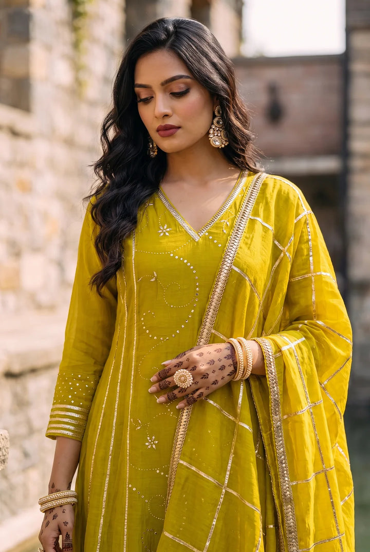 Raha Mul Chanderi Mukaish Anarkali Set in Lime Yellow