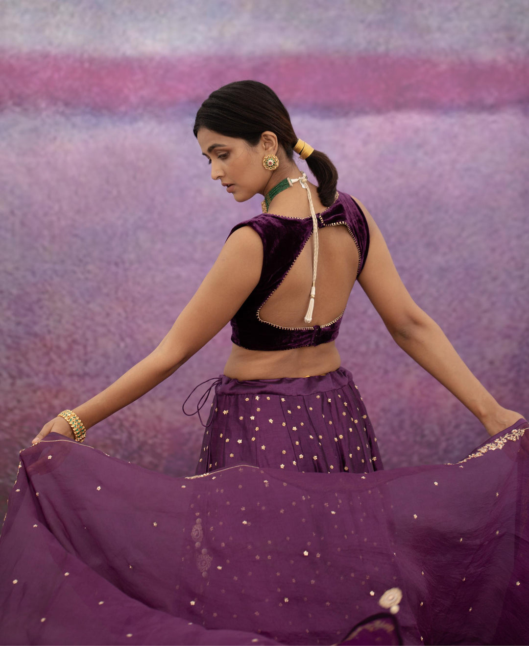 violet all over booti kalli lehenga set