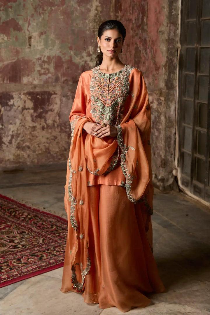 Woman in an orange traditional sharara with intricate patterns standing in a rustic room.