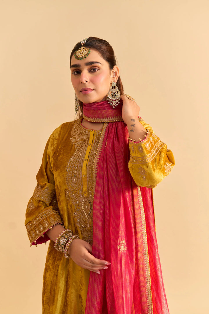 Amal - Silk Velvet Mustard A-line Kurta With Dhoti