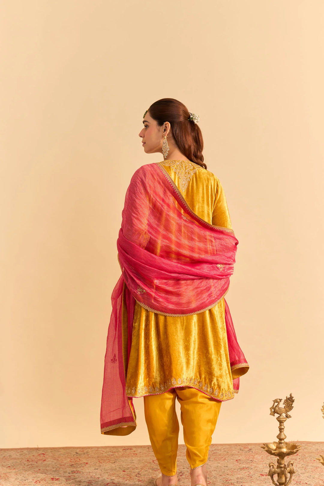 Amal - Silk Velvet Mustard A-line Kurta With Dhoti