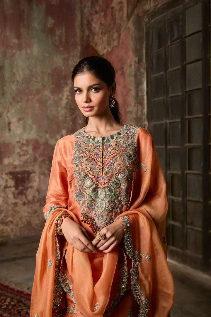 Woman in traditional sharara with intricate patterns against a textured wall.