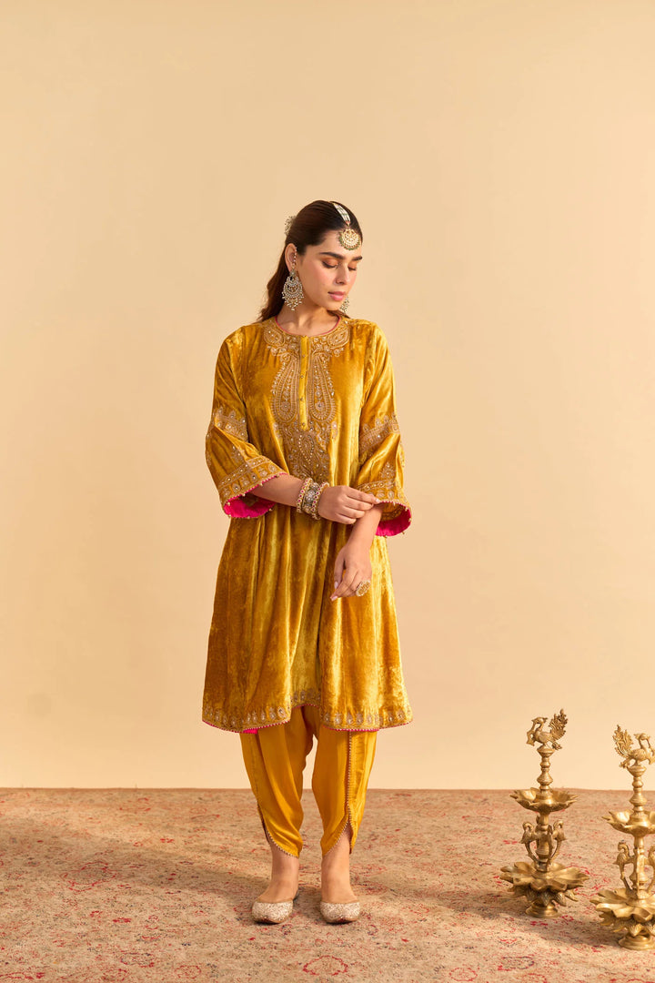 Amal - Silk Velvet Mustard A-line Kurta With Dhoti
