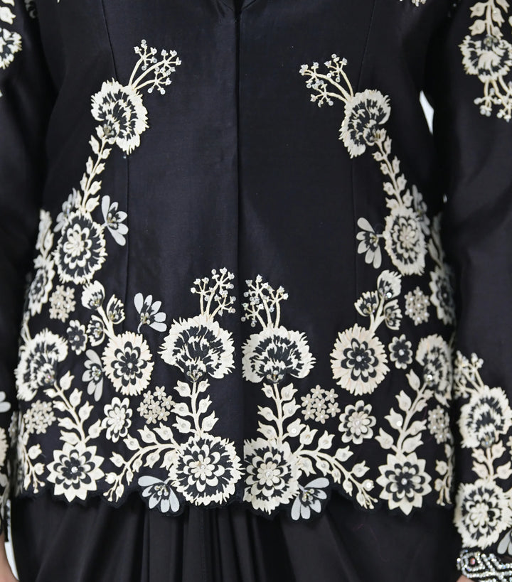 Monochrome Phool-Patti Jacket And Pleated Skirt Set