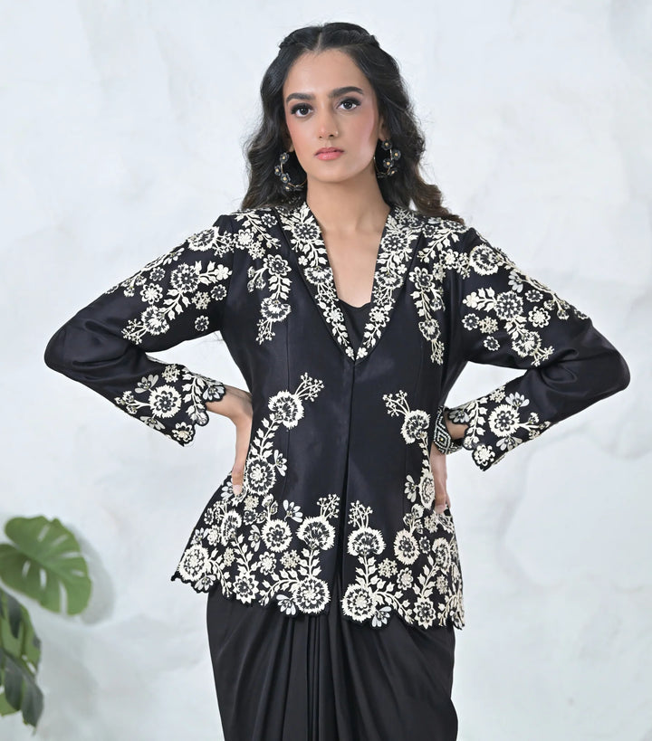 Monochrome Phool-Patti Jacket And Pleated Skirt Set