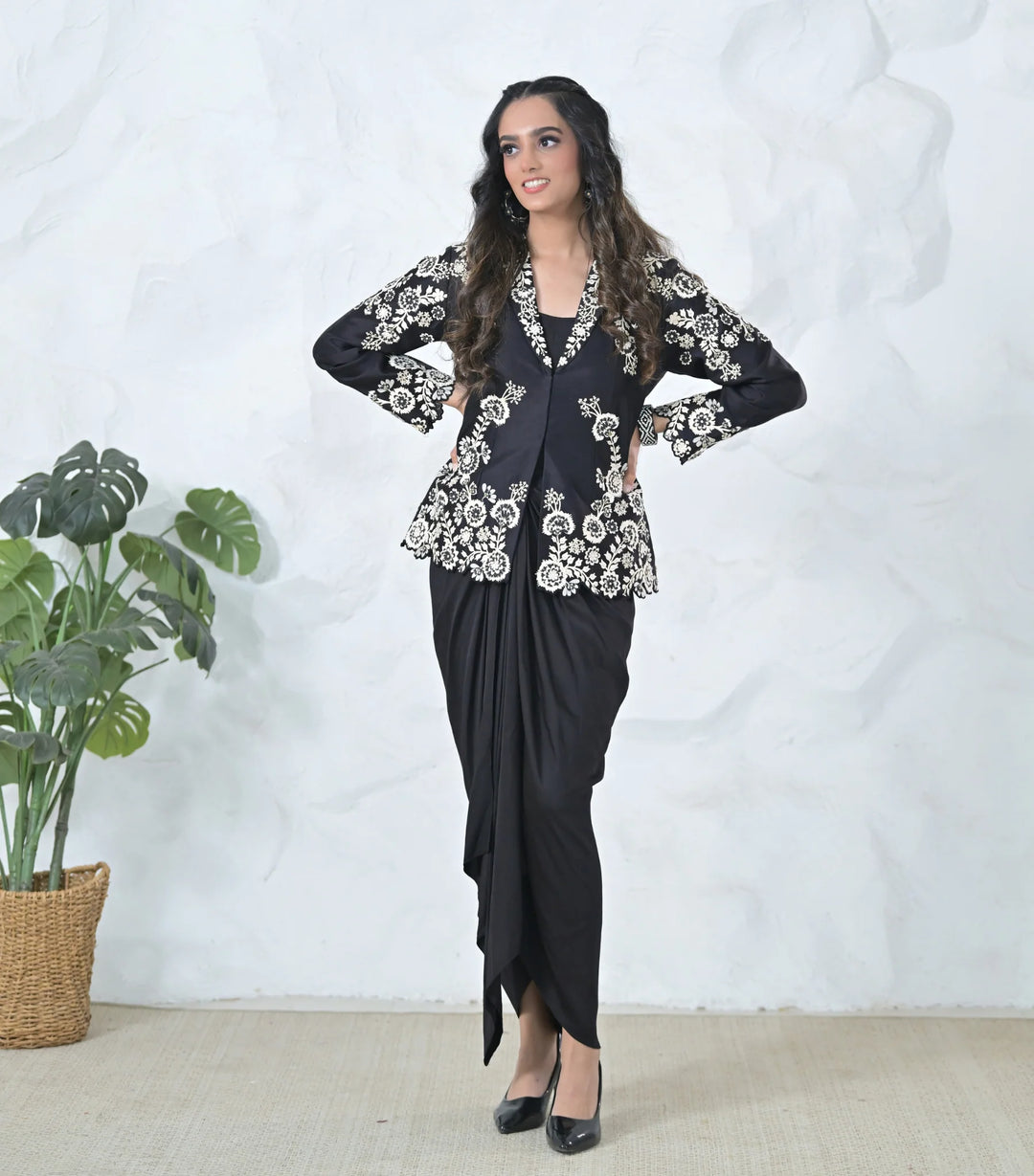 Monochrome Phool-Patti Jacket And Pleated Skirt Set