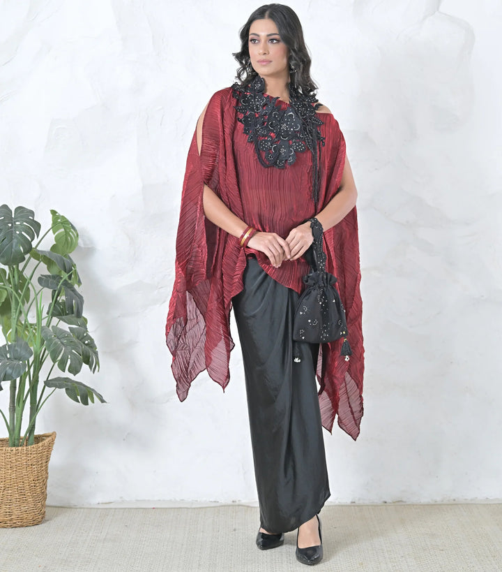 Pearl Petal Tassels Neckpiece Red Crinkled Cape Set