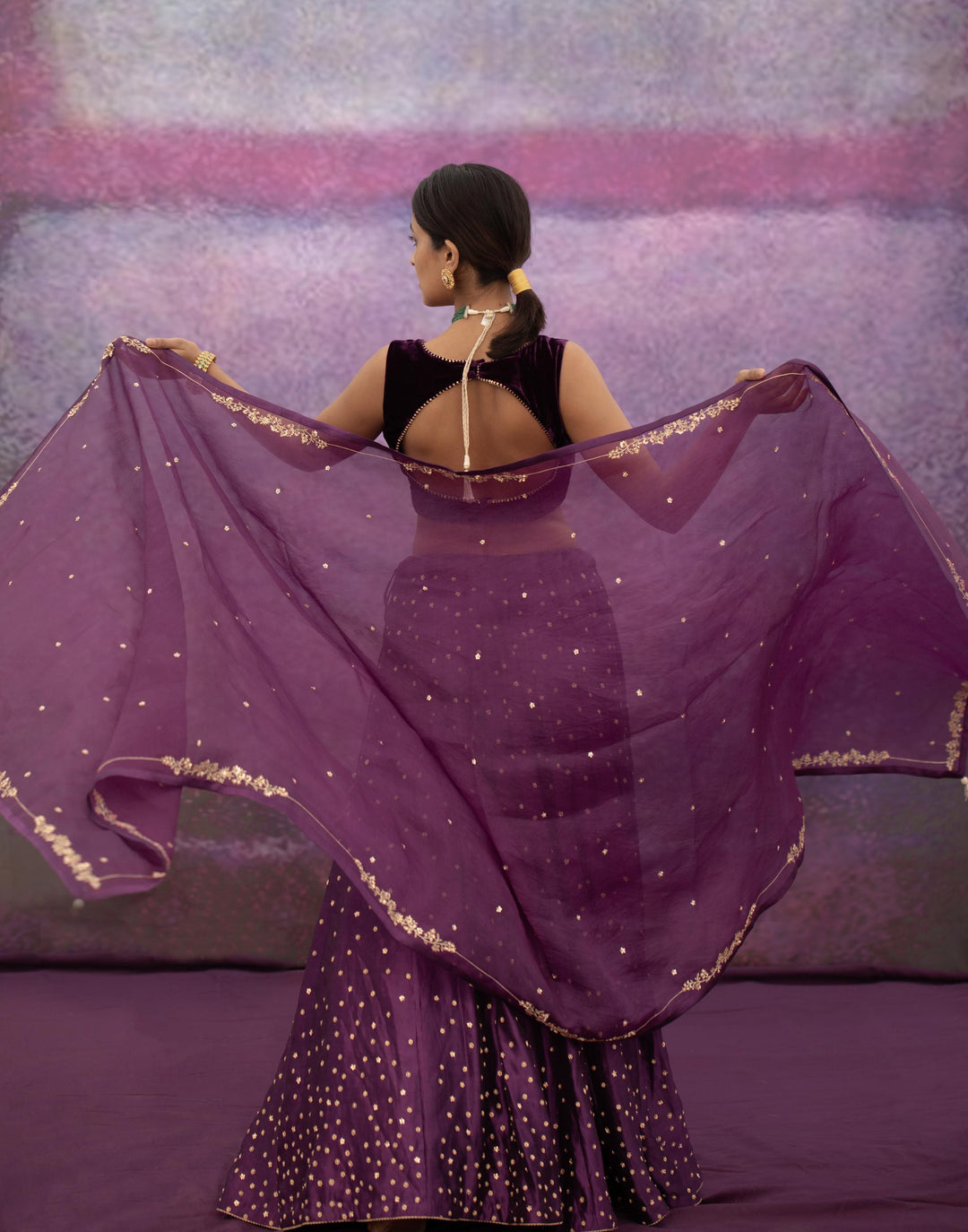 violet all over booti kalli lehenga set