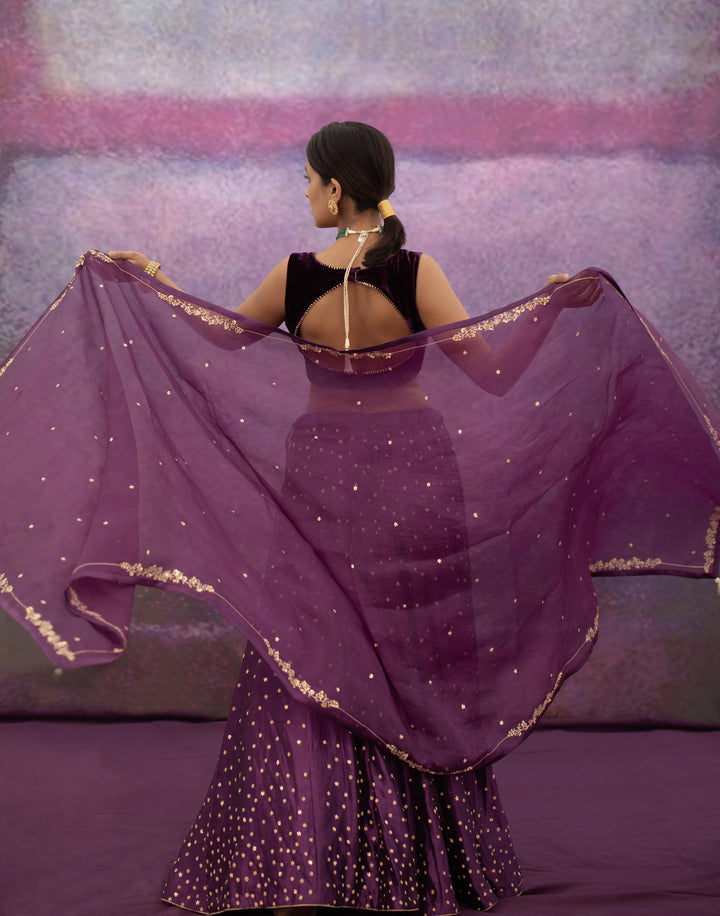 violet all over booti kalli lehenga set