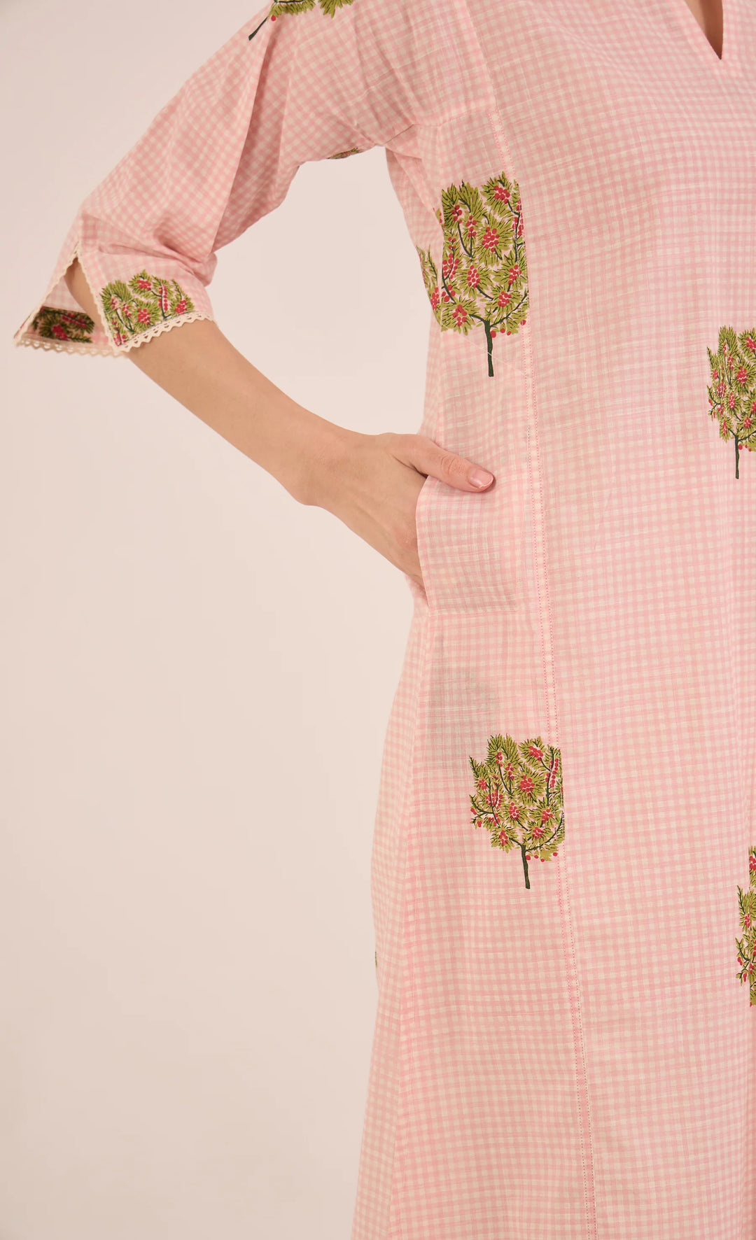 Cotton Check Apple Tree Kurta Set - Pink