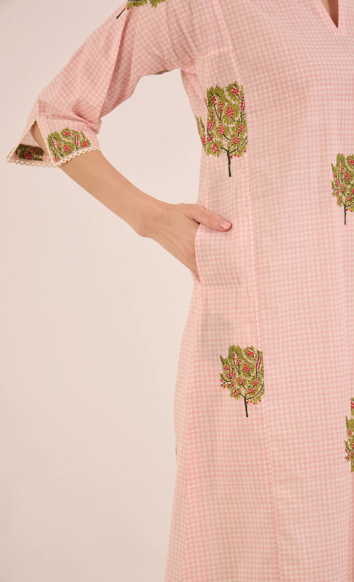 Cotton Check Apple Tree Kurta Set - Pink