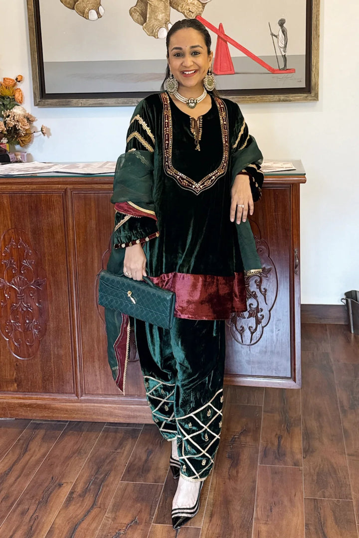 Green Velvet Short Kurta with Farshi Salwar Set