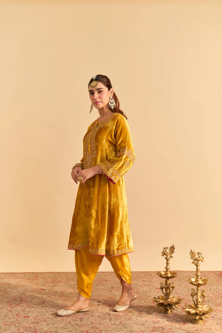 Amal - Silk Velvet Mustard A-line Kurta With Dhoti
