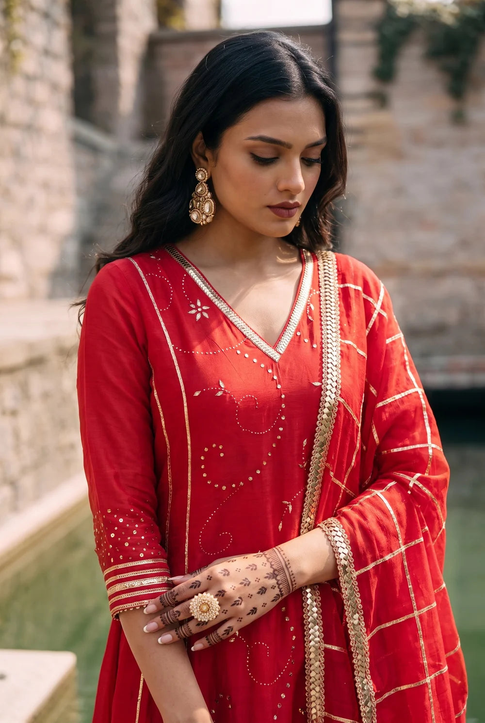 Raha Mul Chanderi Mukaish Anarkali Set in Red