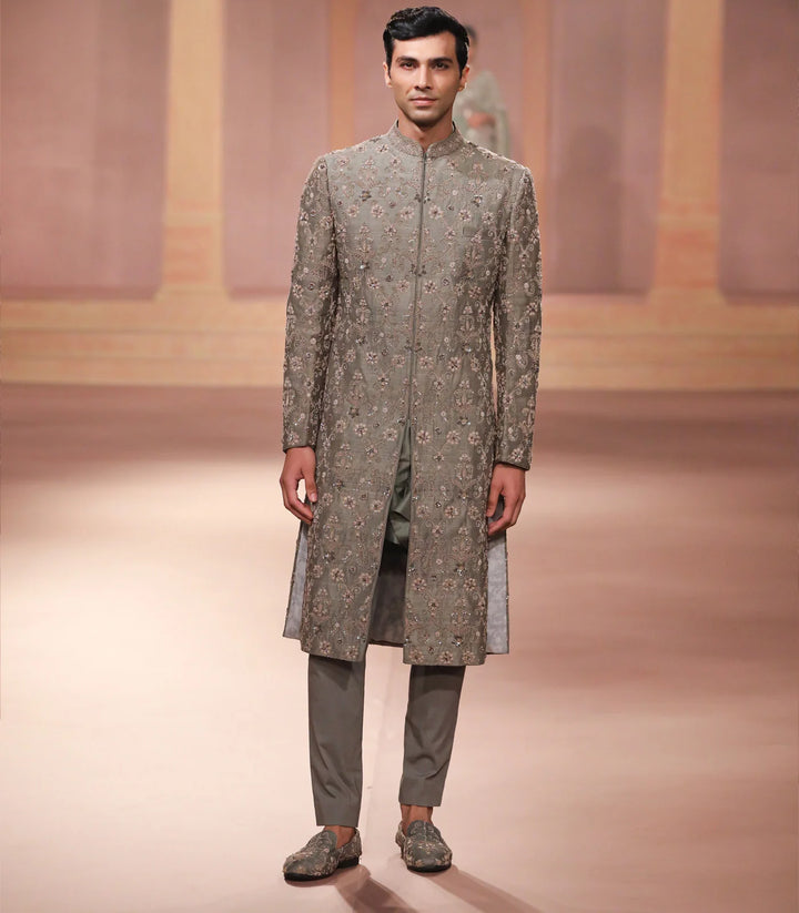Mint Raw Silk Sherwani Set