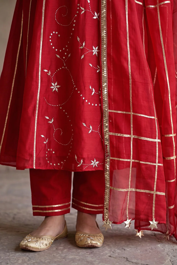 Raha Mul Chanderi Mukaish Anarkali Set in Red