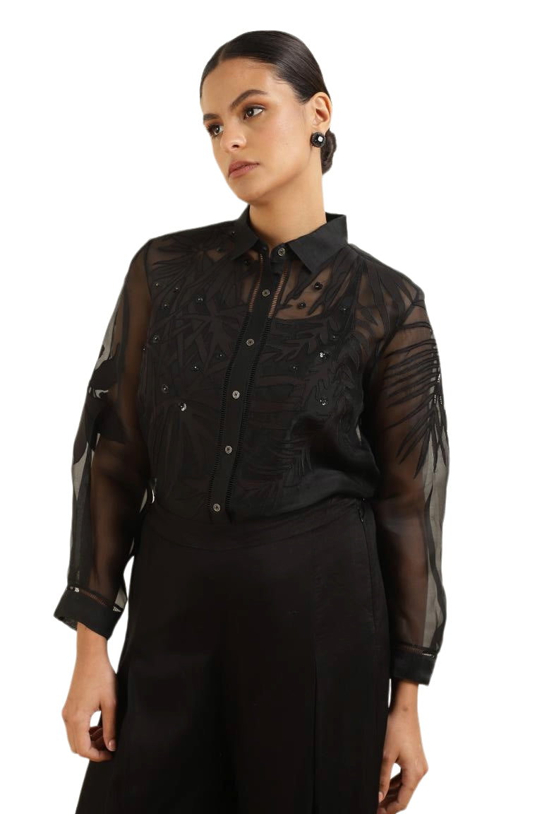 Women’s Sheer Organza Front Open Collar black Shirt