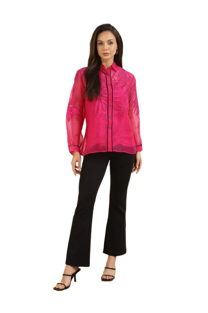 Women’s Sheer Organza Front Open Collar fuchsia Shirt