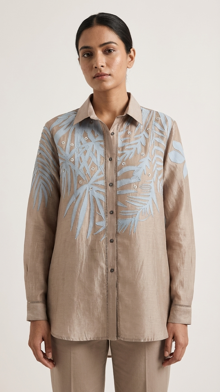 Women’s Sheer Organza Front Open Collar Taupe Shirt