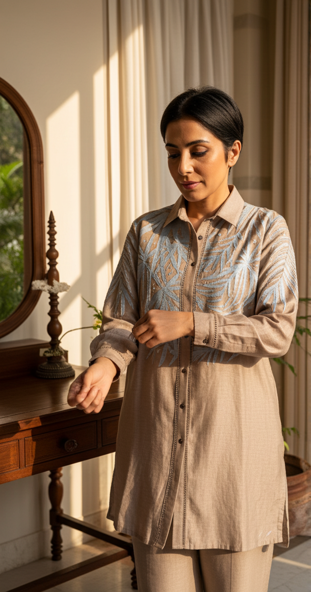 Women’s Sheer Organza Front Open Collar Taupe Shirt