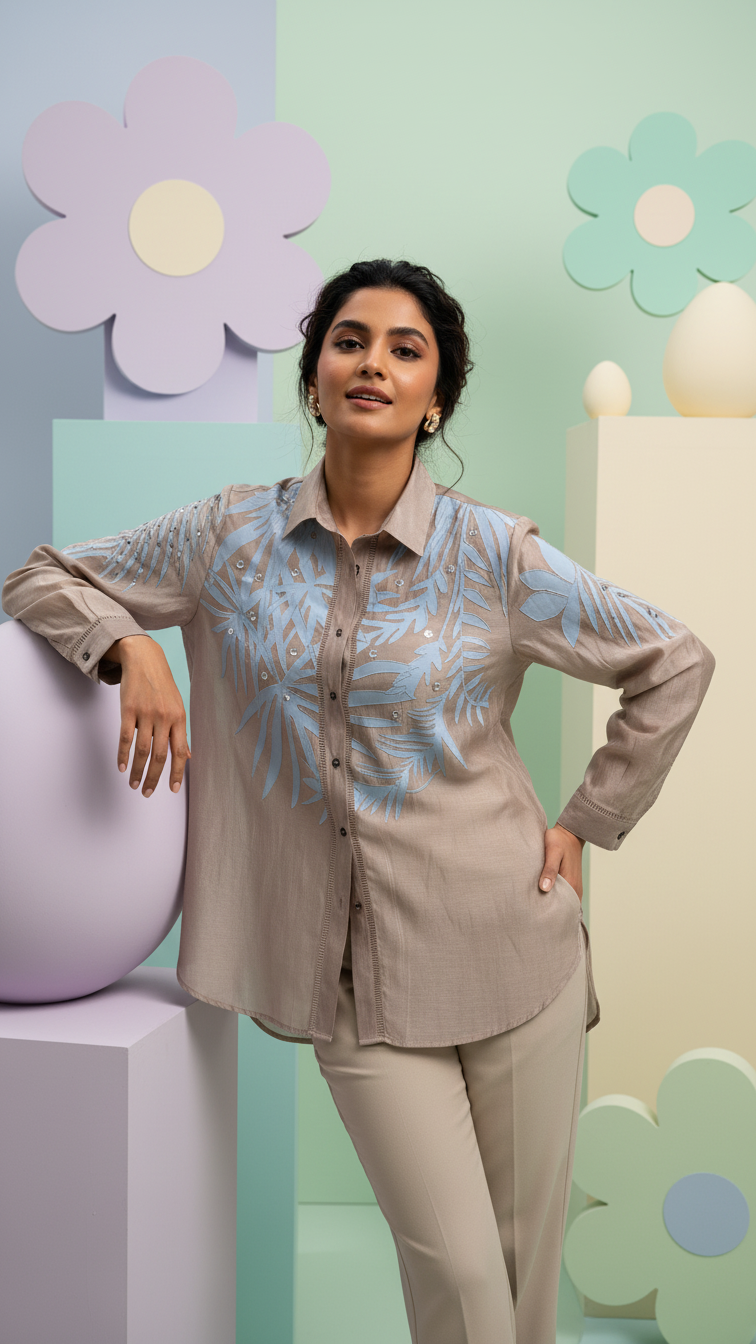 Women’s Sheer Organza Front Open Collar Taupe Shirt