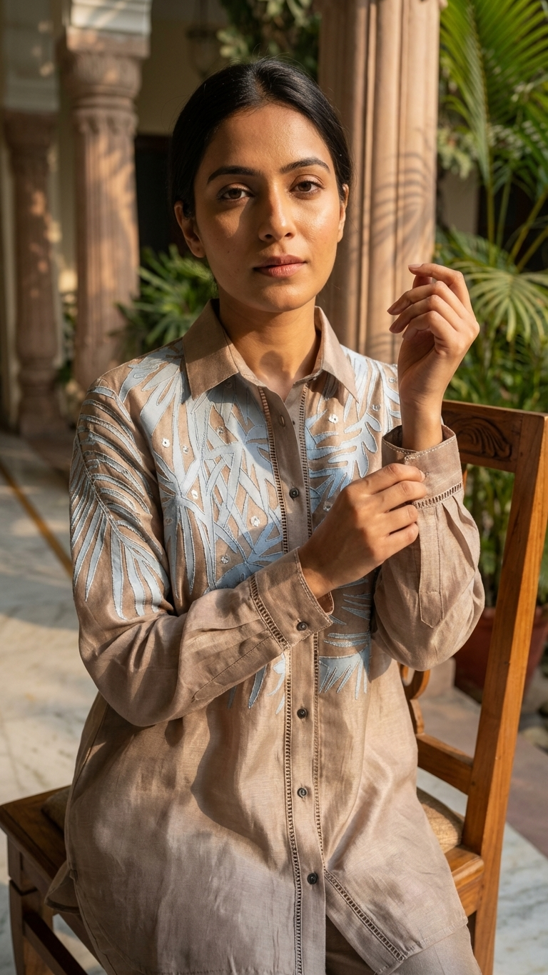 Women’s Sheer Organza Front Open Collar Taupe Shirt