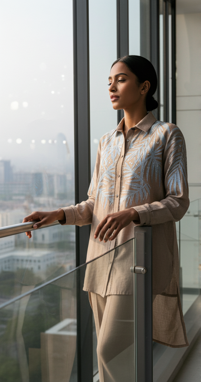 Women’s Sheer Organza Front Open Collar Taupe Shirt