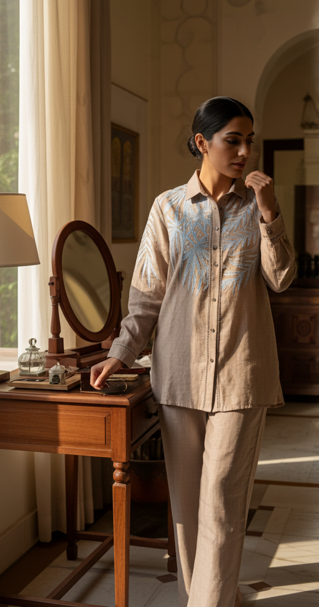 Women’s Sheer Organza Front Open Collar Taupe Shirt