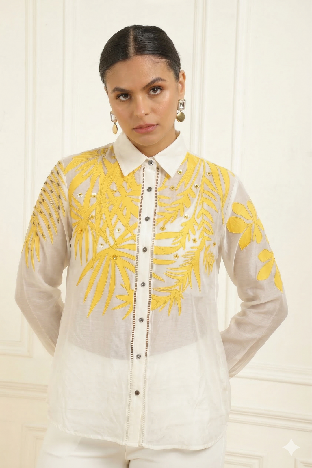 Women’s Sheer Organza Front Open Collar white Shirt