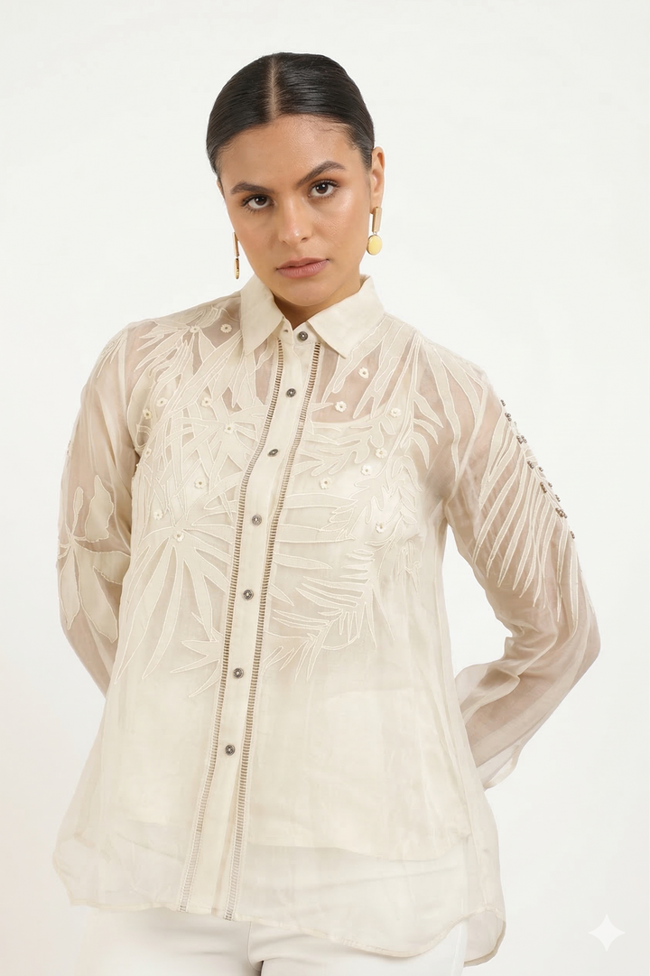 Women’s Sheer Organza Front Open Collar white Shirt