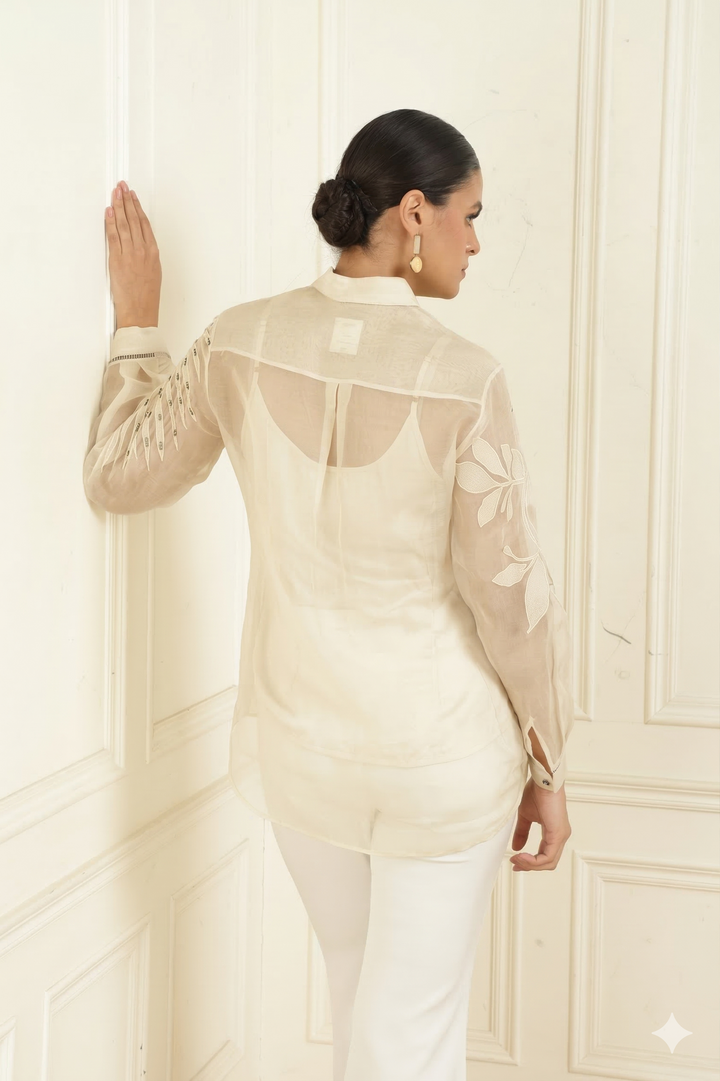 Women’s Sheer Organza Front Open Collar white Shirt