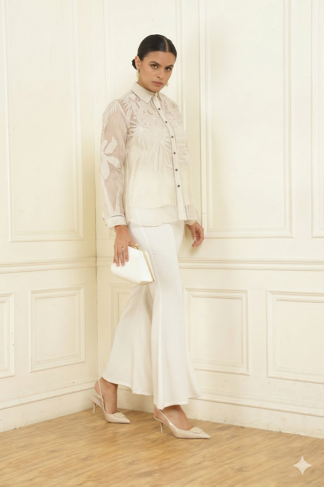 Women’s Sheer Organza Front Open Collar white Shirt