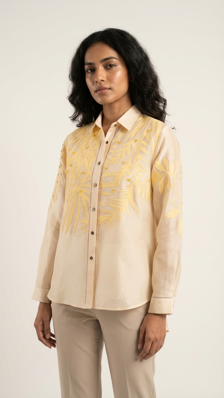 Women’s Sheer Organza Front Open Collar butter yellow Shirt