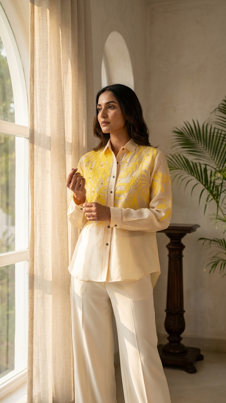 Women’s Sheer Organza Front Open Collar butter yellow Shirt