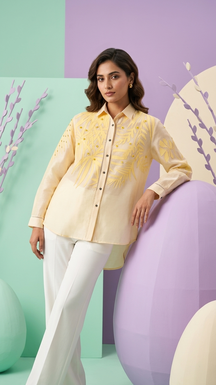 Women’s Sheer Organza Front Open Collar butter yellow Shirt
