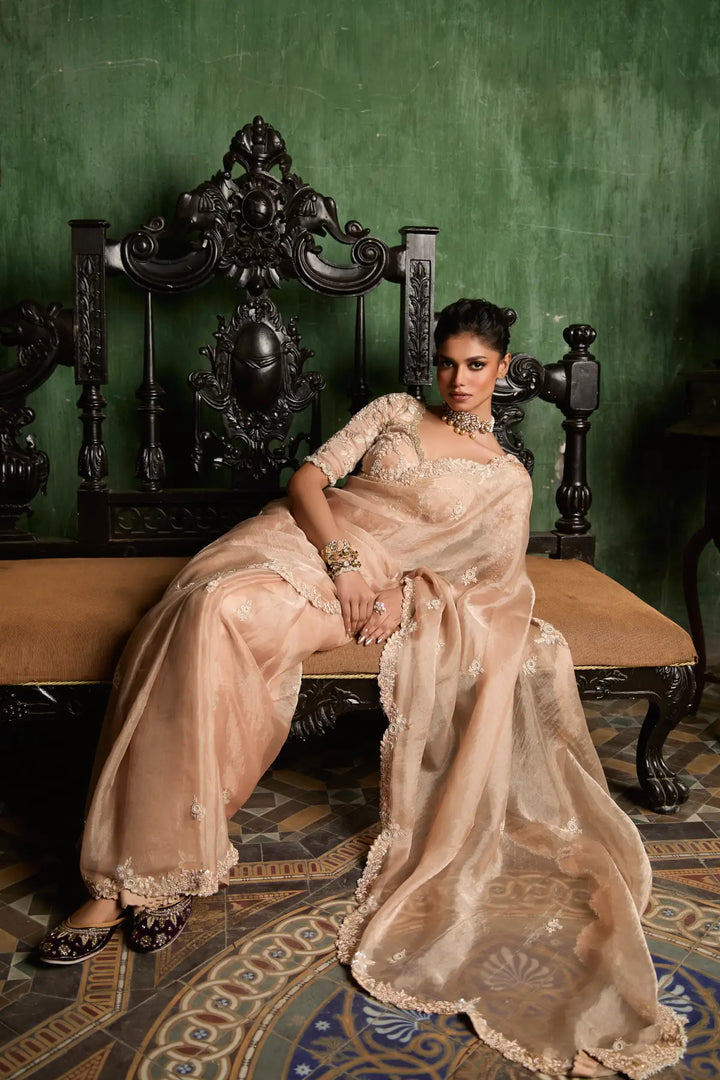 Woman in a traditional saree sitting on an ornate chair against a green wall.