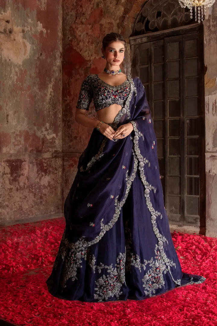 Woman in a traditional dark blue lehenga with silver embroidery standing on a red carpet.