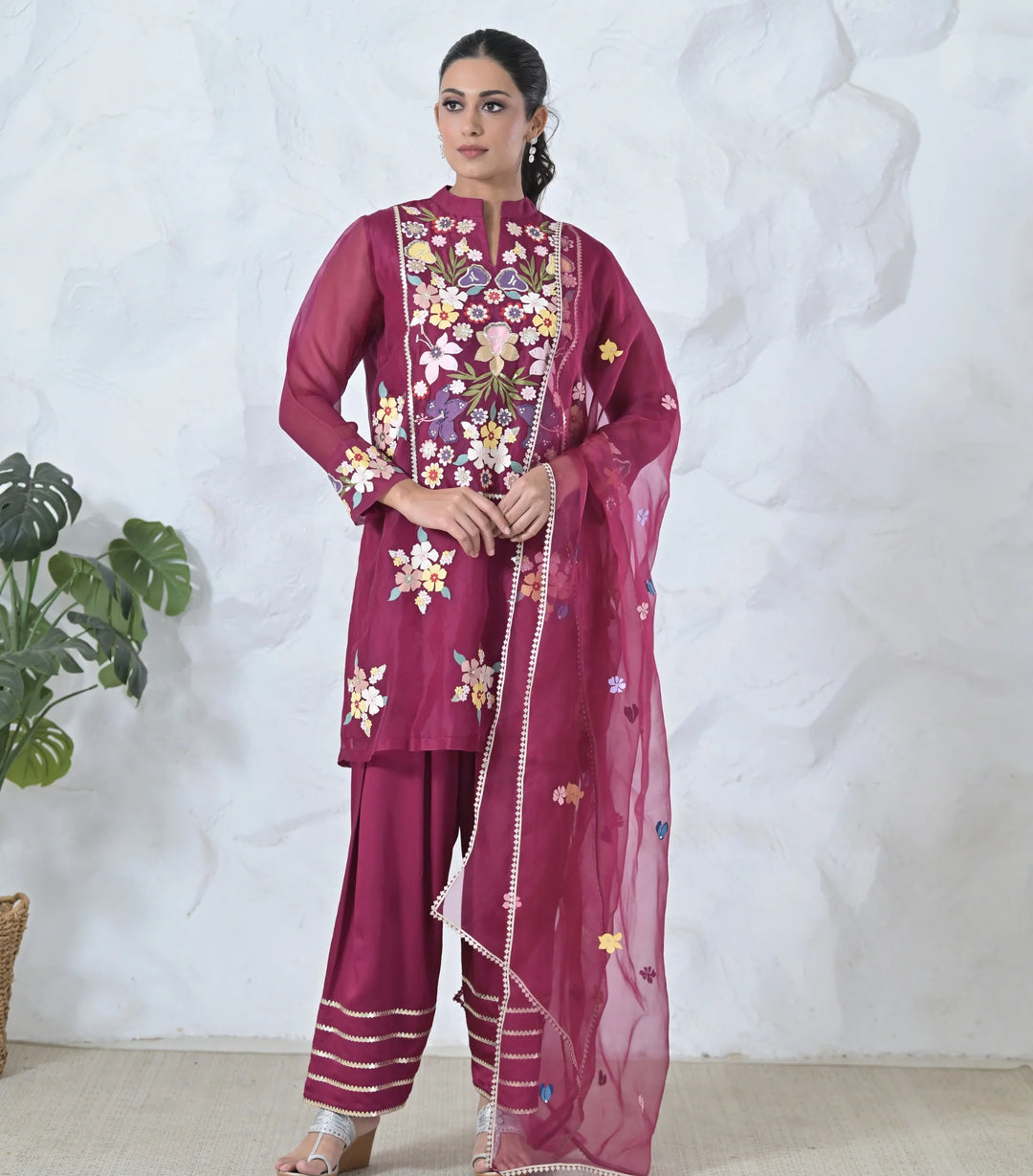 Botanical Small Flower Tunic & Farsi Pant Set With Dupatta