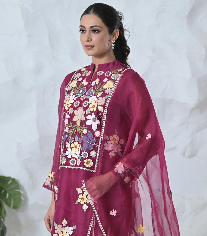 Botanical Small Flower Tunic & Farsi Pant Set With Dupatta