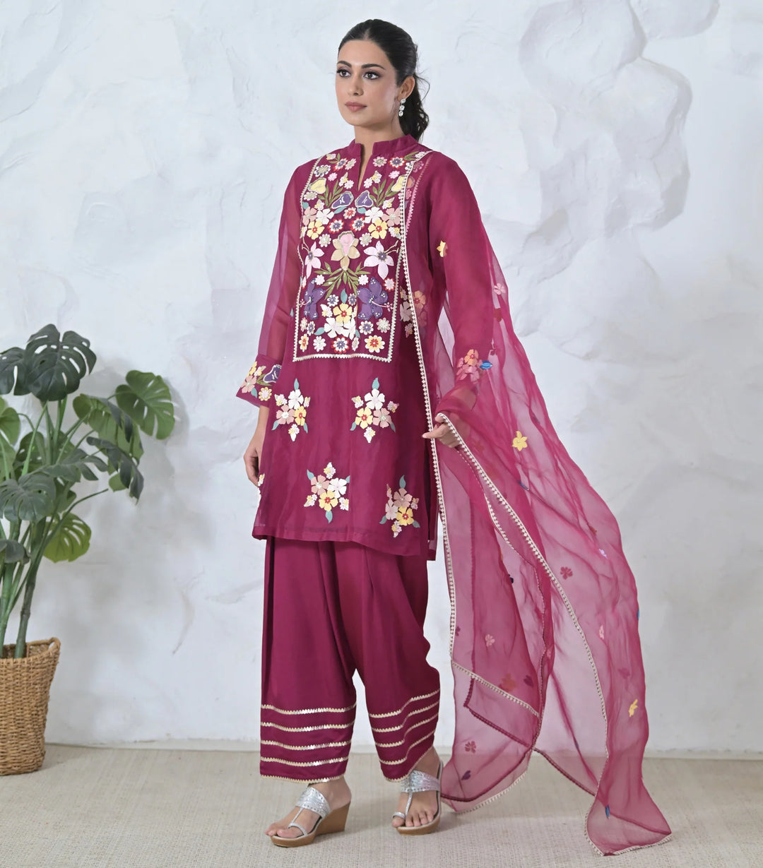 Botanical Small Flower Tunic & Farsi Pant Set With Dupatta