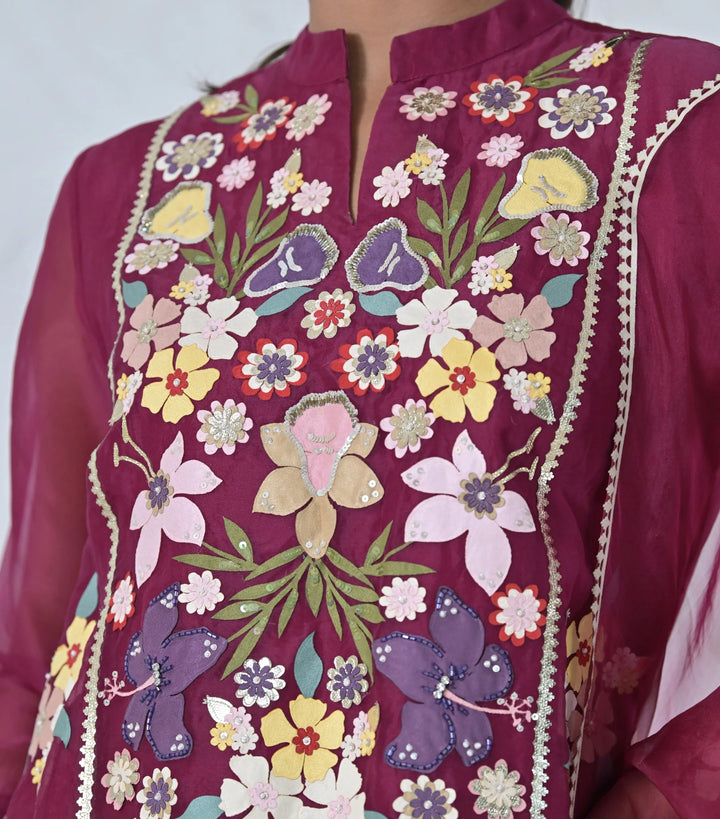 Botanical Small Flower Tunic & Farsi Pant Set With Dupatta