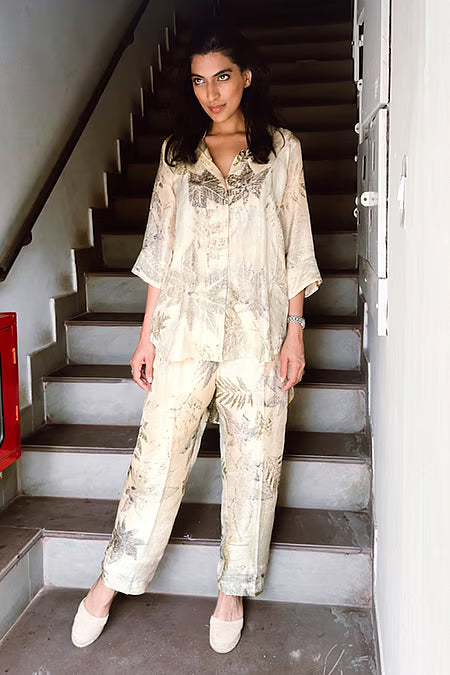 Botanical eco-printed mulberry silk long shirt + pants set - Ivory
